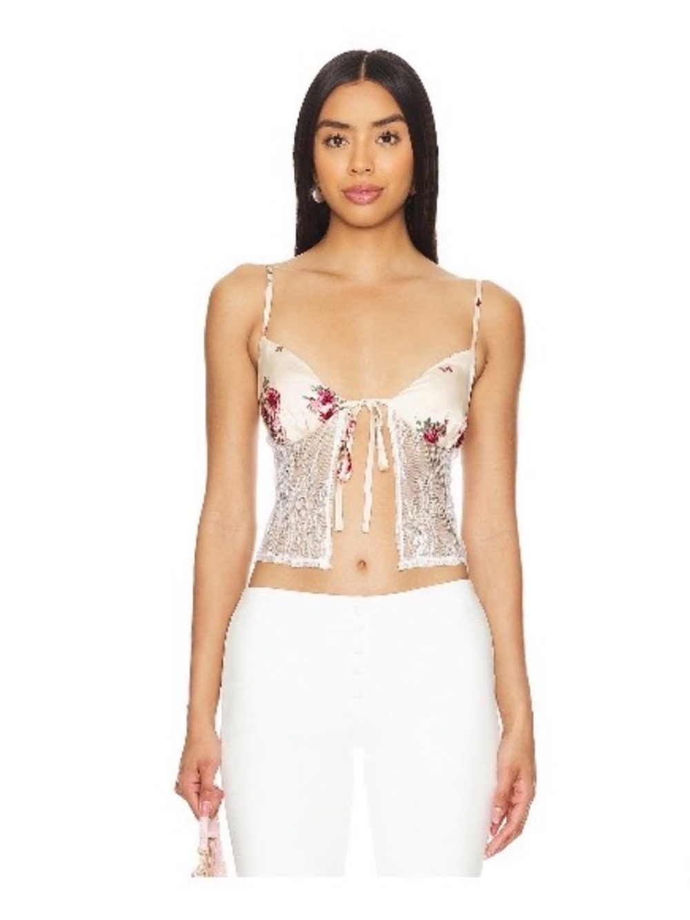 Lace-Trim Floral Satin Crop Top in Blush